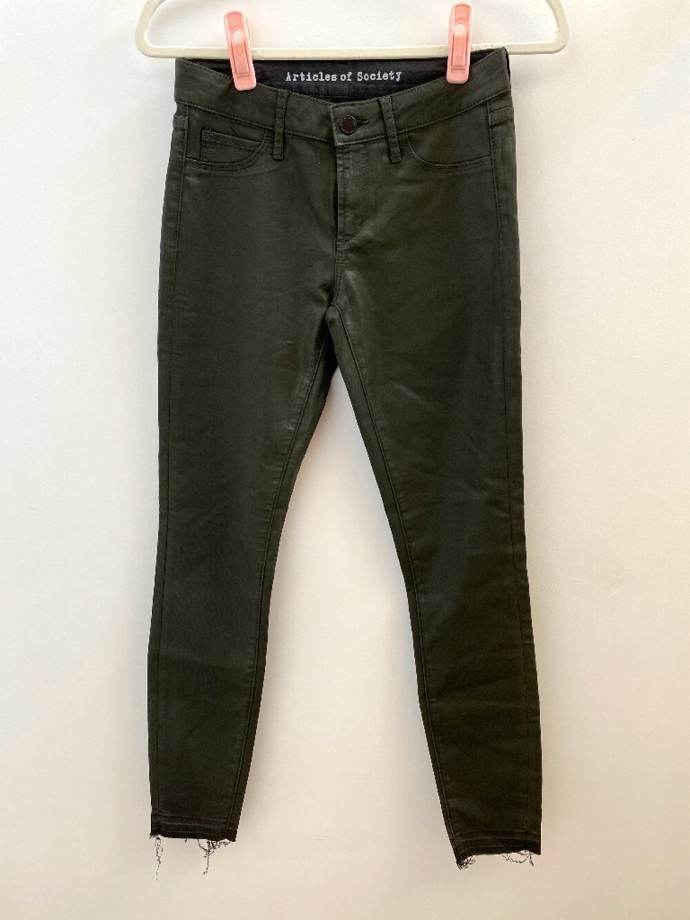 Articles of Society Olive Green Shiny Raw Hem Jeans Size 26
